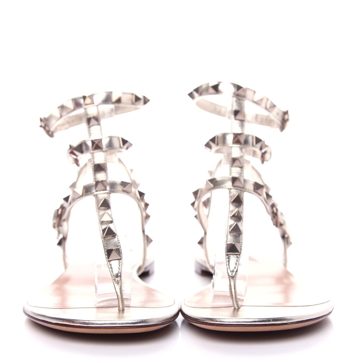 Valentino Garavani Metallic Nappa Rockstud Ankle Wrap Flat Thong Sandals 39 Platino 2 of 11