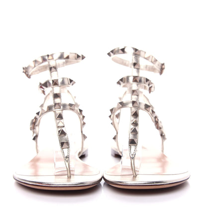 Valentino Garavani Metallic Nappa Rockstud Ankle Wrap Flat Thong Sandals 39 Platino 2 of 11