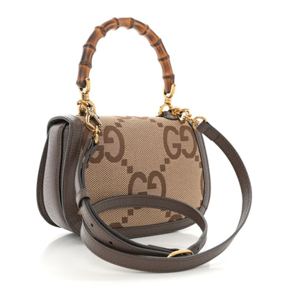 Gucci Monogram Jumbo GG Textured Dollar Calfskin Web Small Bamboo 1947 Top Handle Bag Camel Ebony New Acero 4 of 12