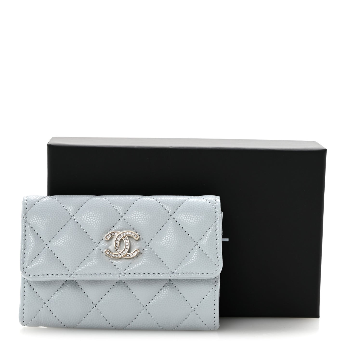 Caviar Quilted Crystal CC Flap Card Holder Light Blue