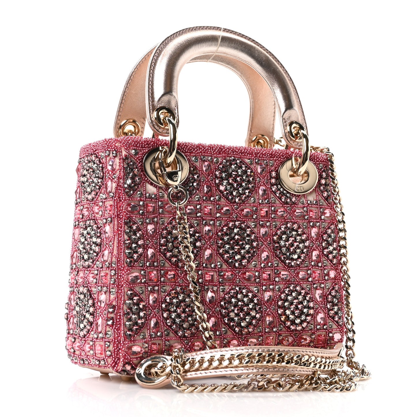 Metallic Calfskin Satin Celestial Bead Embroidery Cannage Mini Lady Dior Rose Des Vents