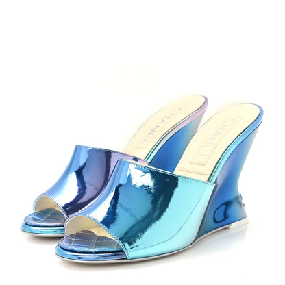 Chanel Laminated Calfskin Wedge Mules 38 Blue Purple 4 of 10