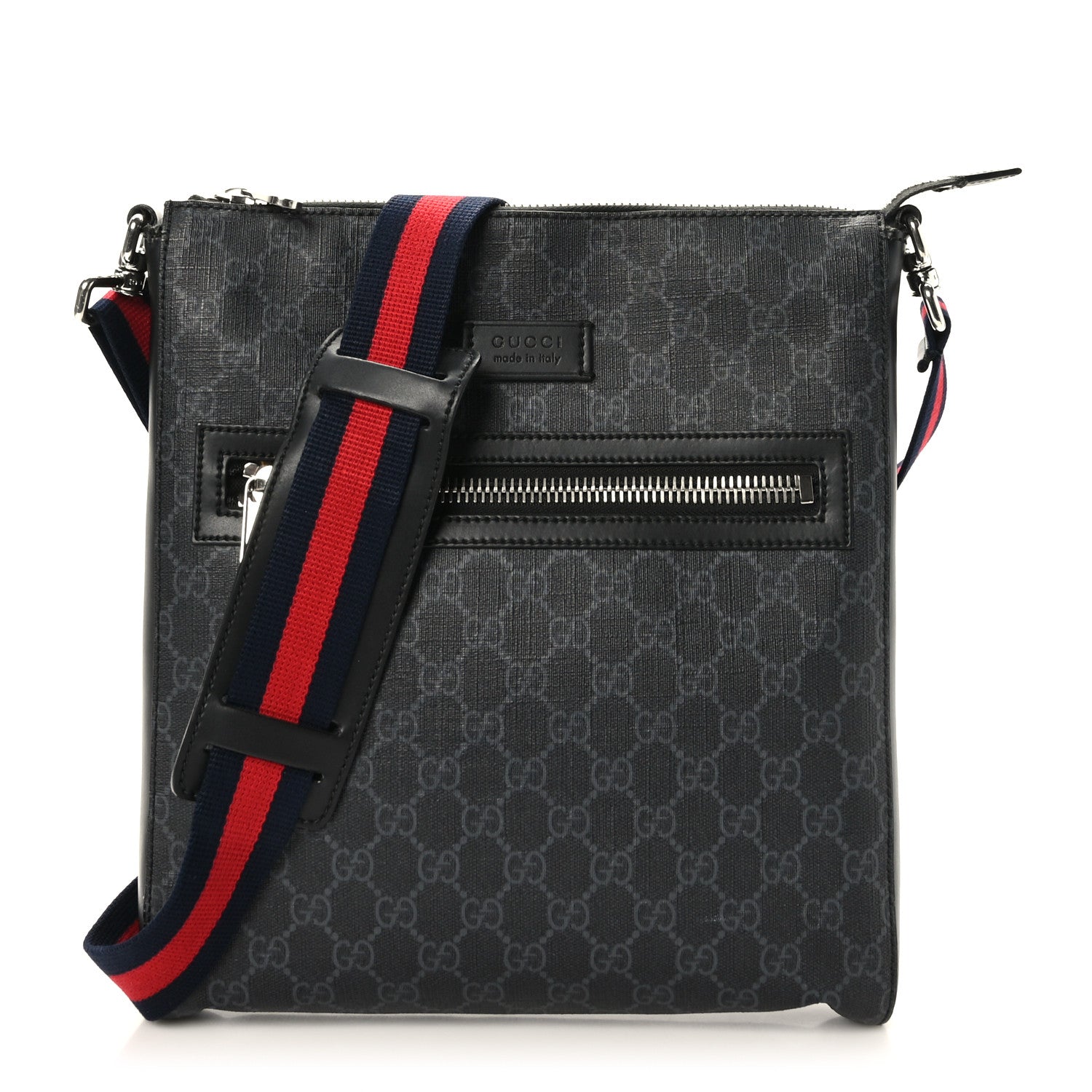 Gucci GG Supreme Monogram Appia Calfskin Web Flat Messenger Bag Black Grey 1 of 10