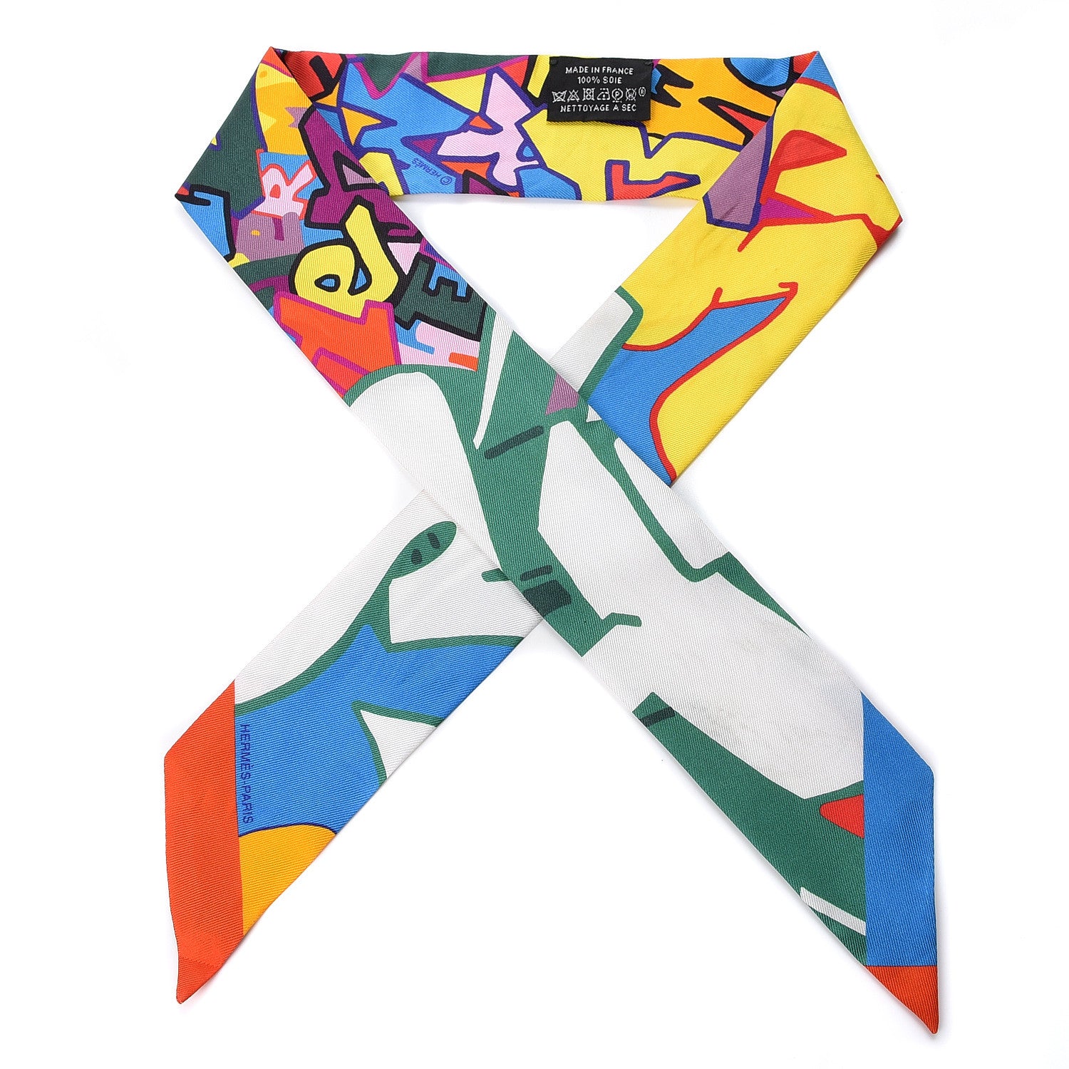 Hermes Silk Graff Graffiti Twilly Orange Jaune Vif Vert 1 of 5