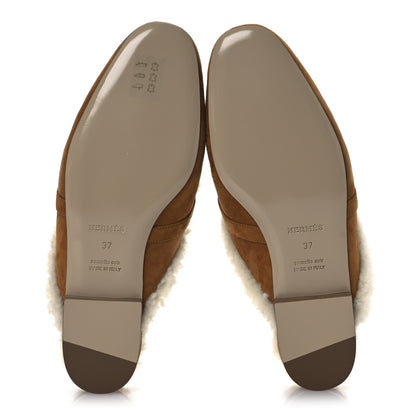 Hermes Suede Goatskin Shearling Womens Oz Mules 37 Natural Ecru 7 of 11