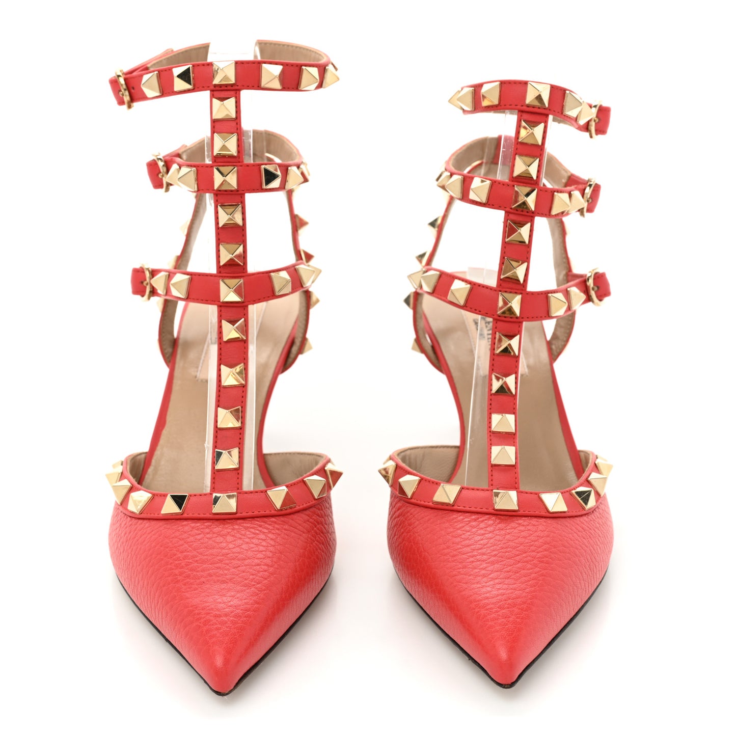 Pebbled Calfskin Rockstud Ankle Strap 65mm Pumps 35.5 Deep Coral