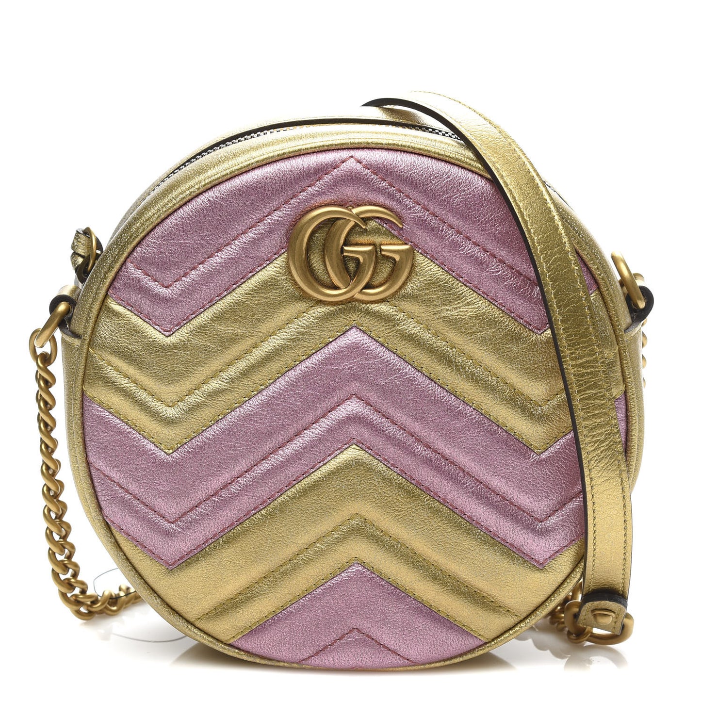 Metallic Calfskin Matelasse Mini GG Marmont Round Shoulder Bag Gold Pink