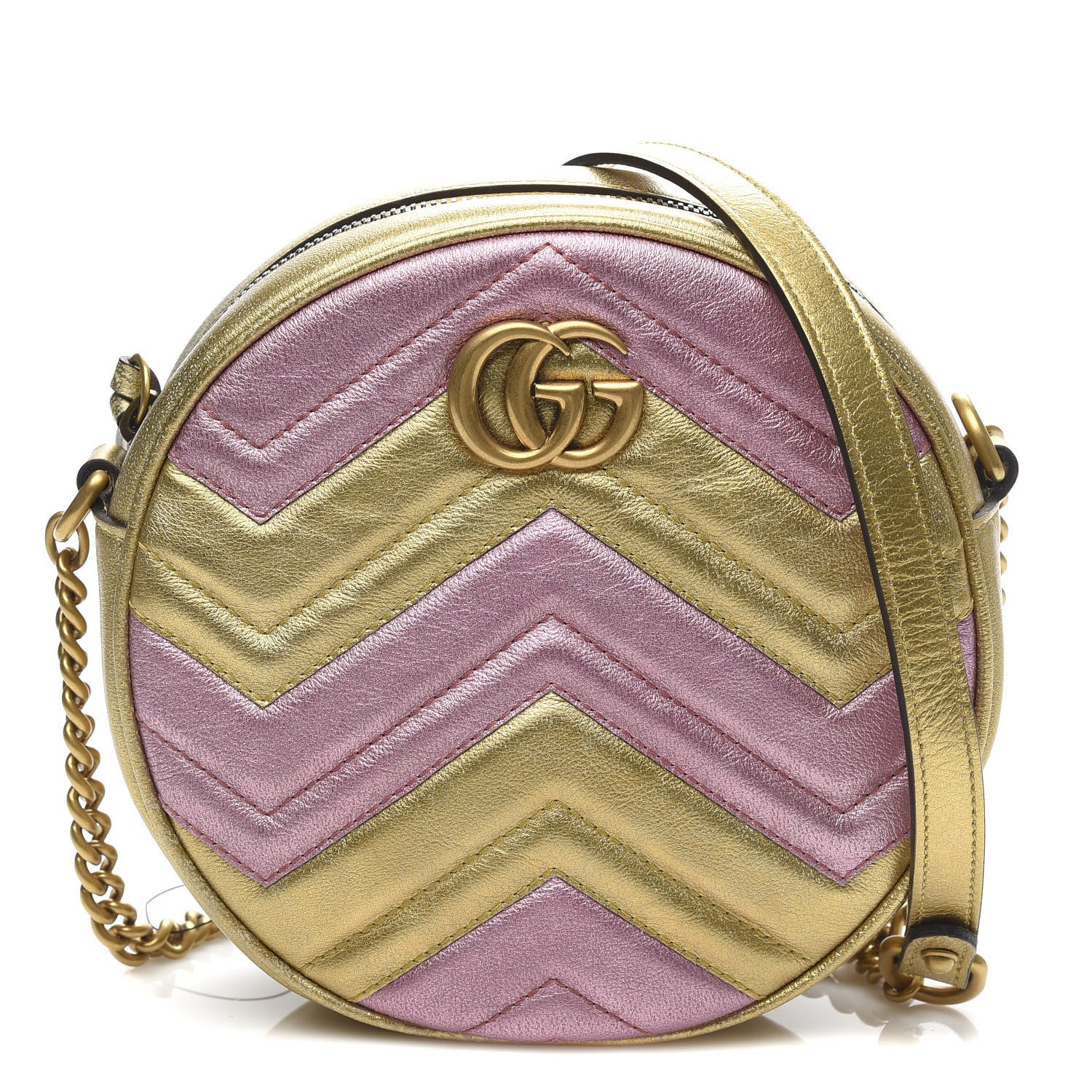 Gucci Metallic Calfskin Matelasse Mini GG Marmont Round Shoulder Bag Gold Pink 1 of 10