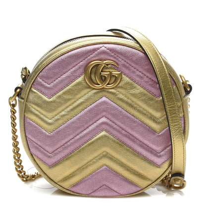Gucci Metallic Calfskin Matelasse Mini GG Marmont Round Shoulder Bag Gold Pink 1 of 10
