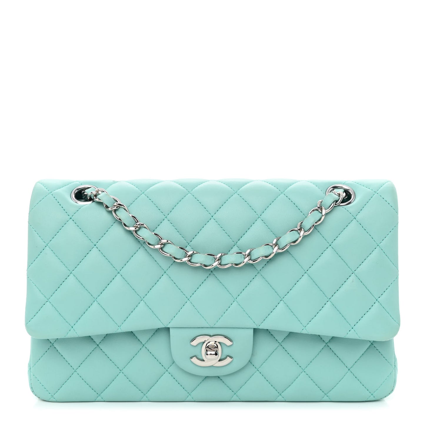Lambskin Quilted Medium Double Flap Light Blue