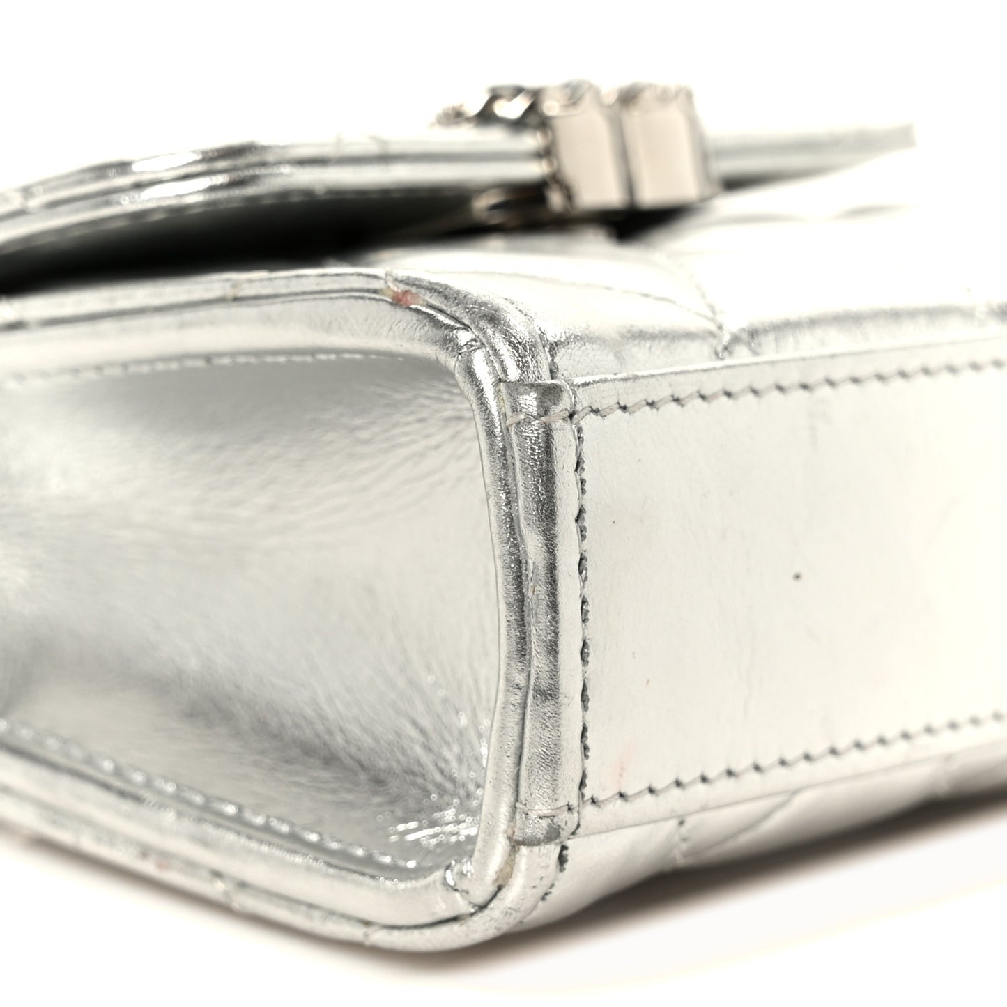 Metallic Lambskin Quilted Mini Chain CC Top Handle Clutch With Chain Silver