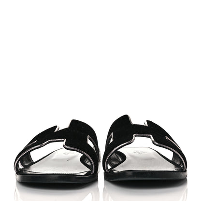 Hermes Velvet Nappa Oran Sandals 37.5 Black Argent Vieilli 2 of 8