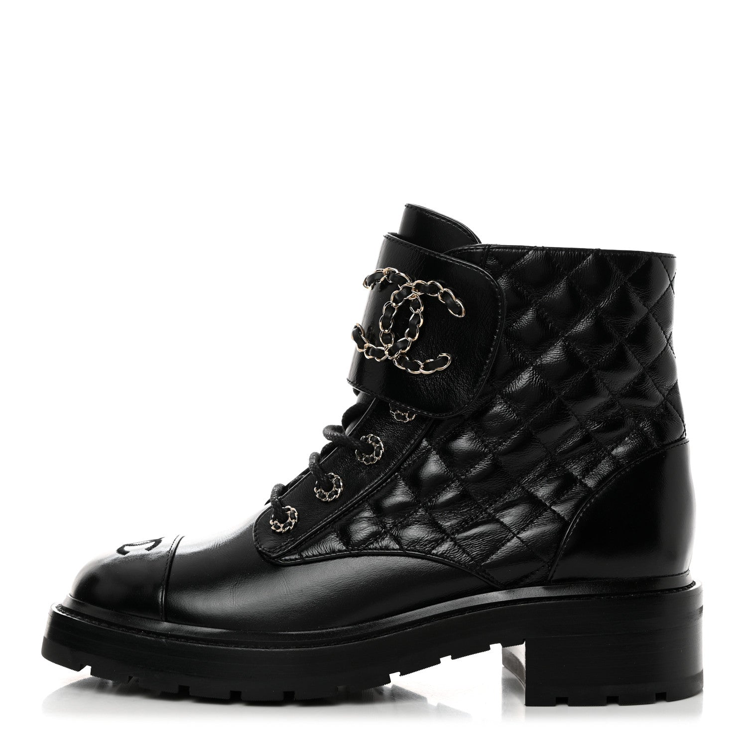 Chanel Shiny Calfskin Quilted Lace Up Combat Boots 40.5 Black 1 of 9