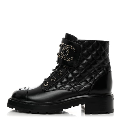 Chanel Shiny Calfskin Quilted Lace Up Combat Boots 40.5 Black 1 of 9