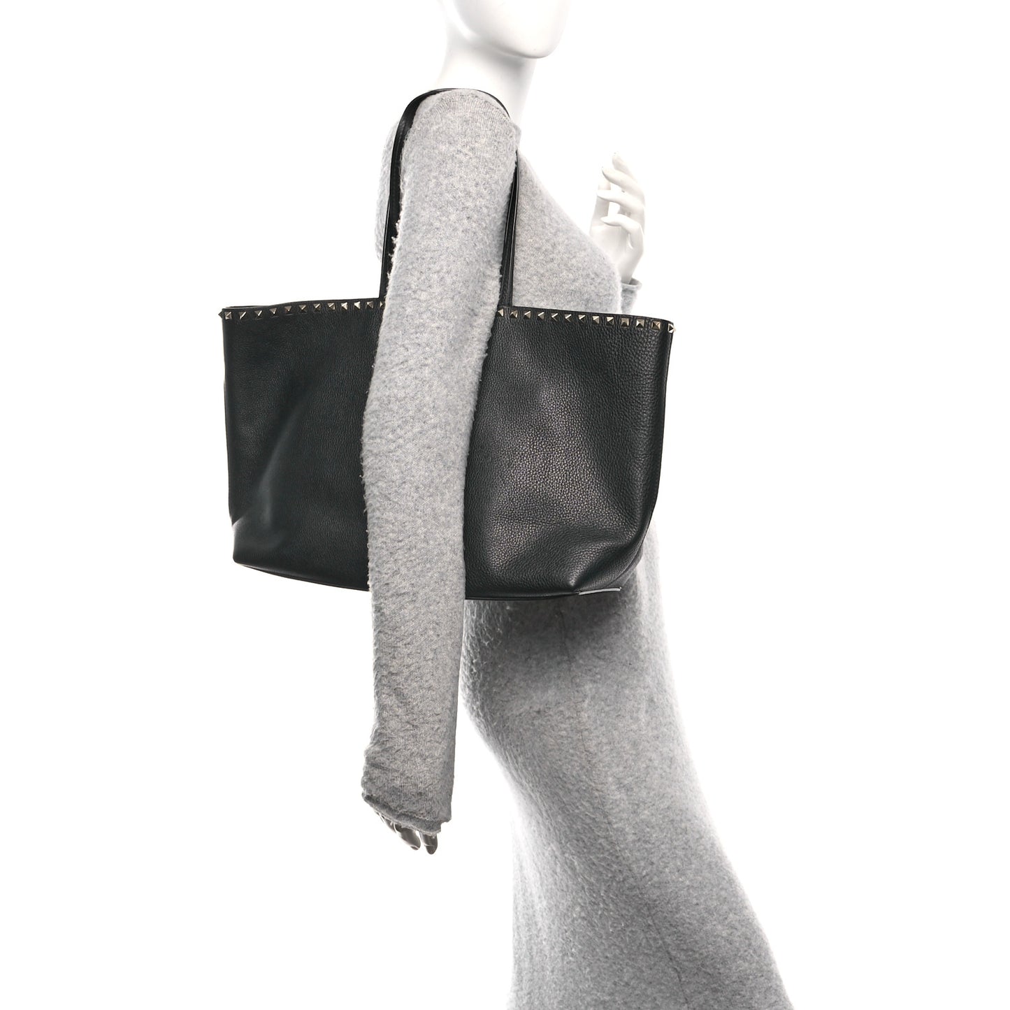 Grained Calfskin Rockstud Shoulder Tote Black