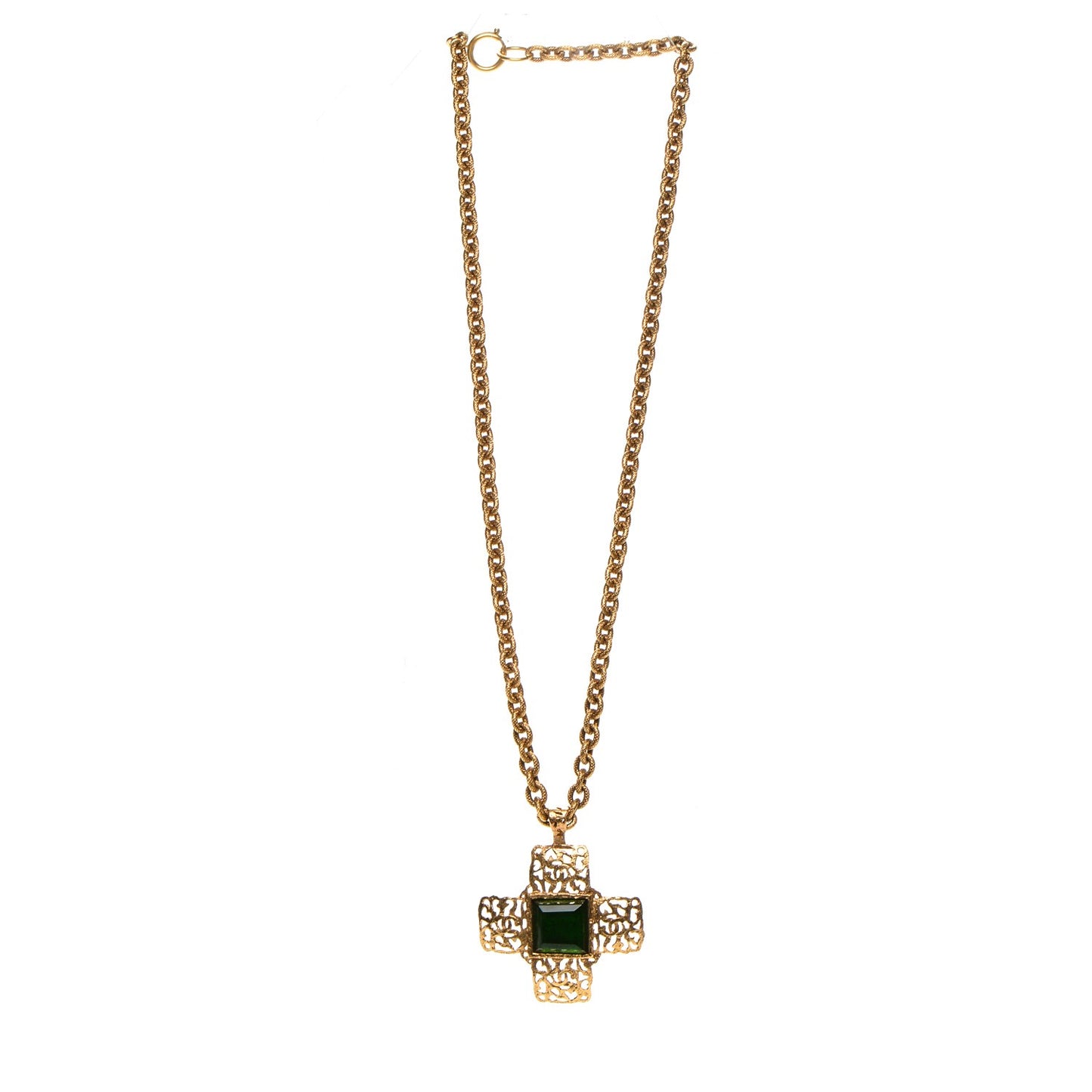 Gripoix CC Cross Pendant Necklace Green Gold