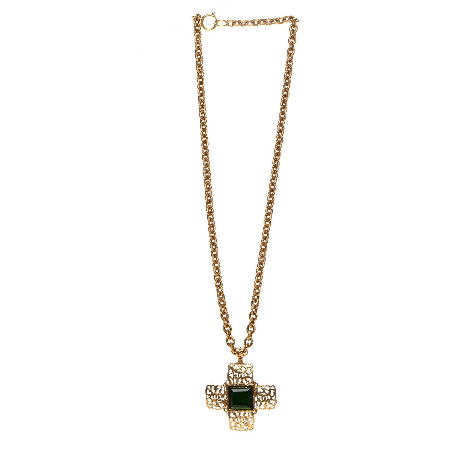 Chanel Gripoix CC Cross Pendant Necklace Green Gold 3 of 6