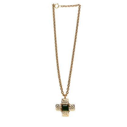 Chanel Gripoix CC Cross Pendant Necklace Green Gold 3 of 6