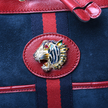 Gucci Suede Calfskin Web Medium Rajah Bucket Bag New Blue Romantic Cherry 11 of 13