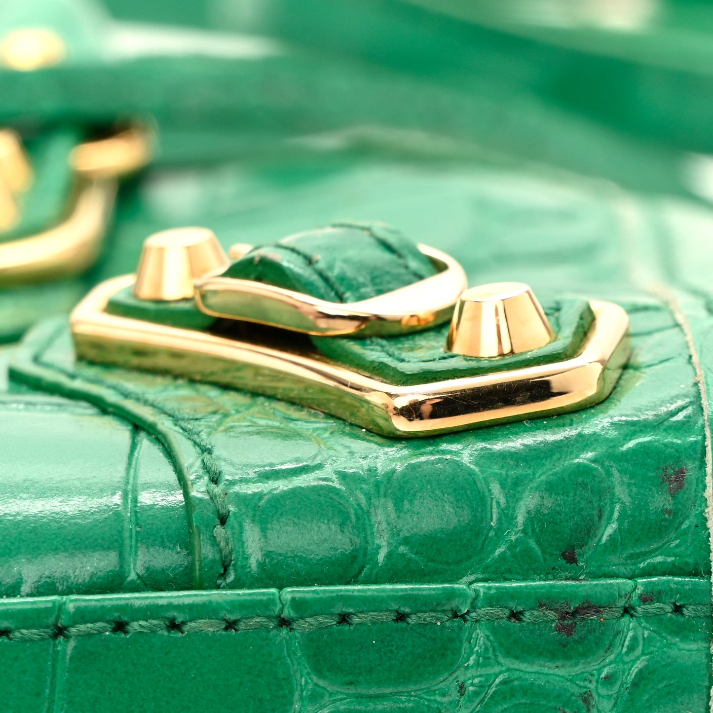 Shiny Supple Calfskin Crocodile Embossed Gold Metallic Edge Hardware Nano City Leaf Green