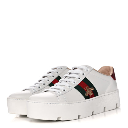 Gucci Calfskin Web Bee Embroidered Womens Ace Platform Sneakers 36 White 3 of 10