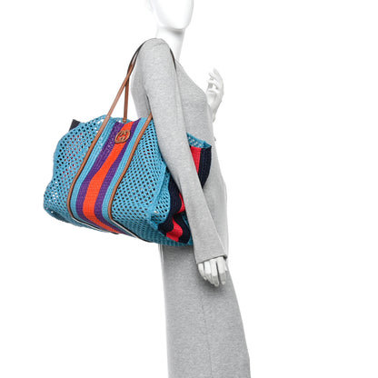 Gucci Raffia Web Woven Interlocking G Tote Blue Multicolor 2 of 10