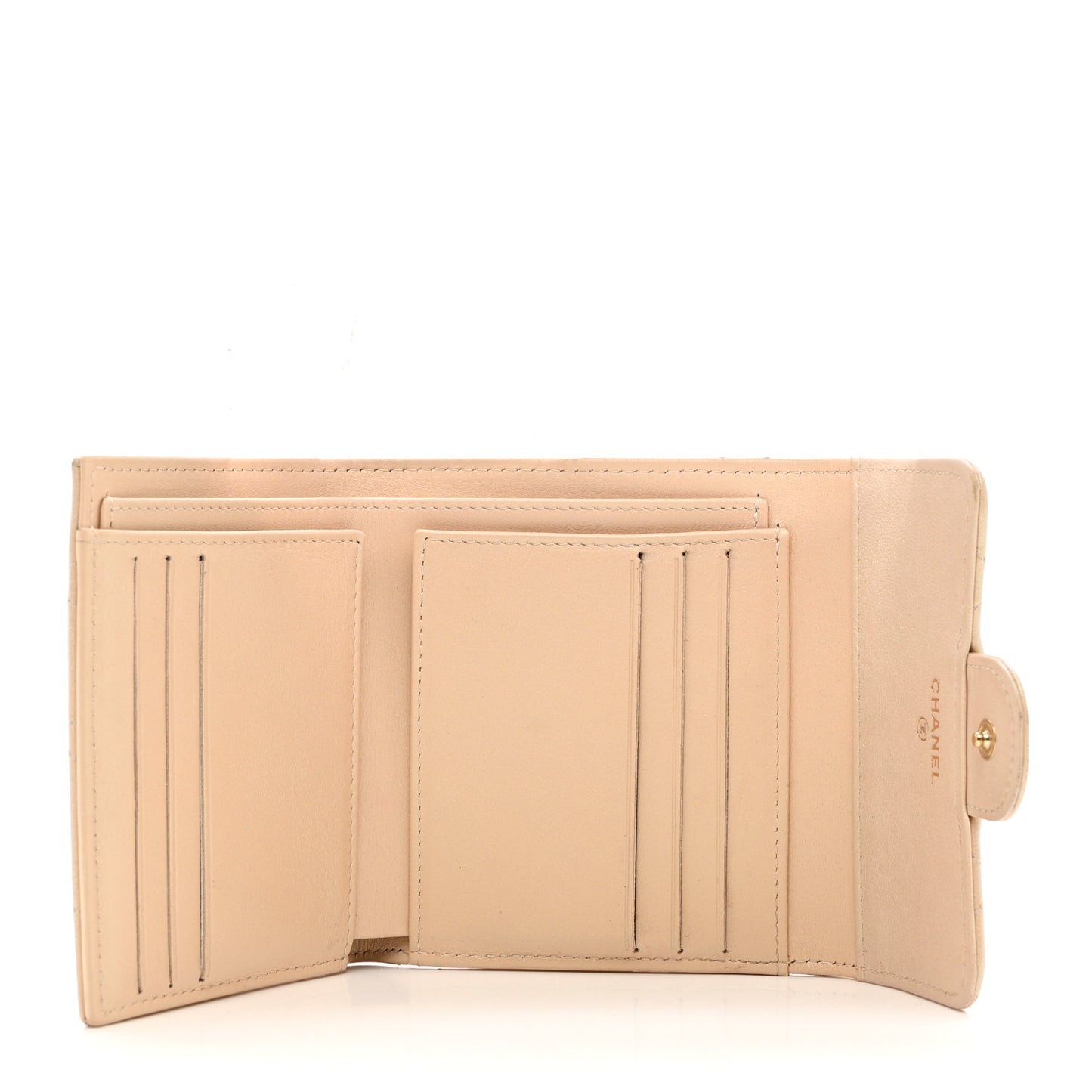 Iridescent Calfskin Quilted Compact Flap Wallet Beige