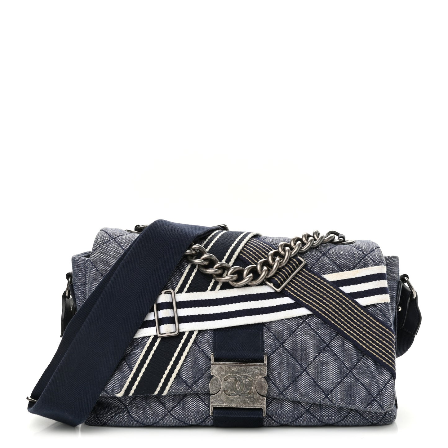 Denim Quilted Medium Airlines Buckle Messenger Bag Blue