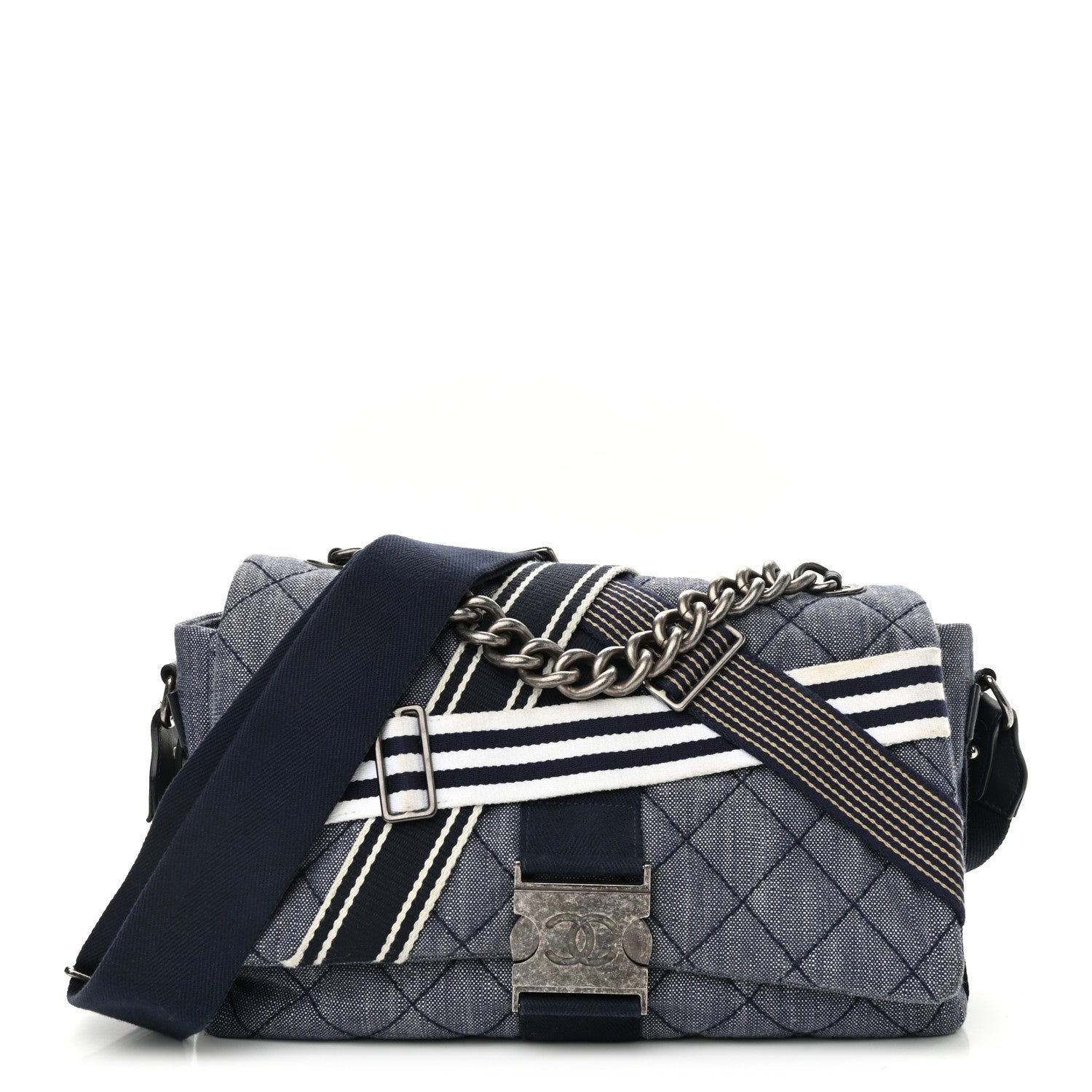 Chanel Denim Quilted Medium Airlines Buckle Messenger Bag Blue 1 of 10