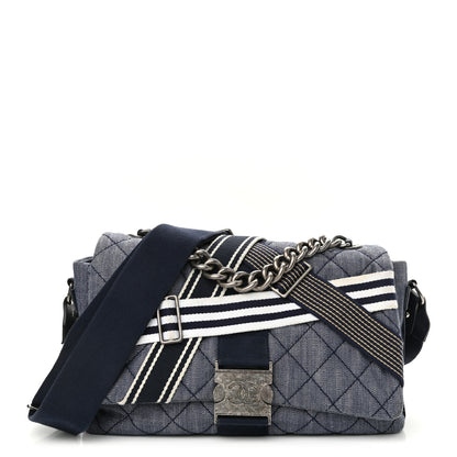 Chanel Denim Quilted Medium Airlines Buckle Messenger Bag Blue 1 of 10