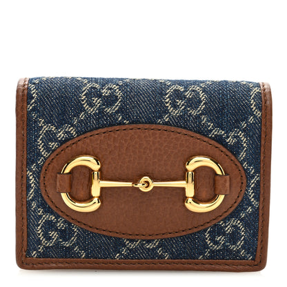 Gucci New Denim GG Monogram Dollar Calfskin Horsebit 1955 Card Case Wallet Blue Tea Cuir Epilog 1 of 6