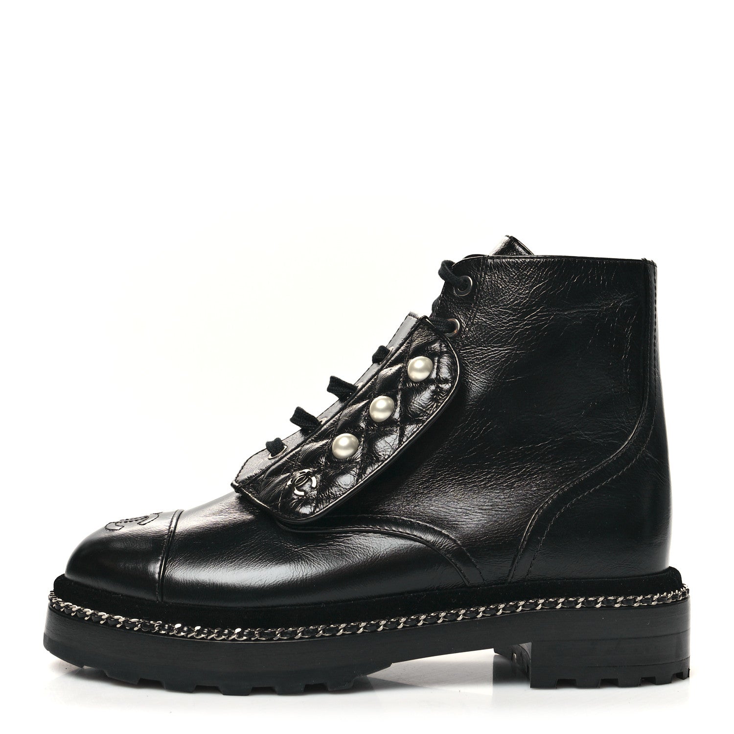 Chanel Crackled Calfskin Velvet Pearl Combat Short Boots 37.5 Black 1 of 9