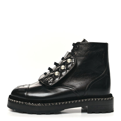 Chanel Crackled Calfskin Velvet Pearl Combat Short Boots 37.5 Black 1 of 9