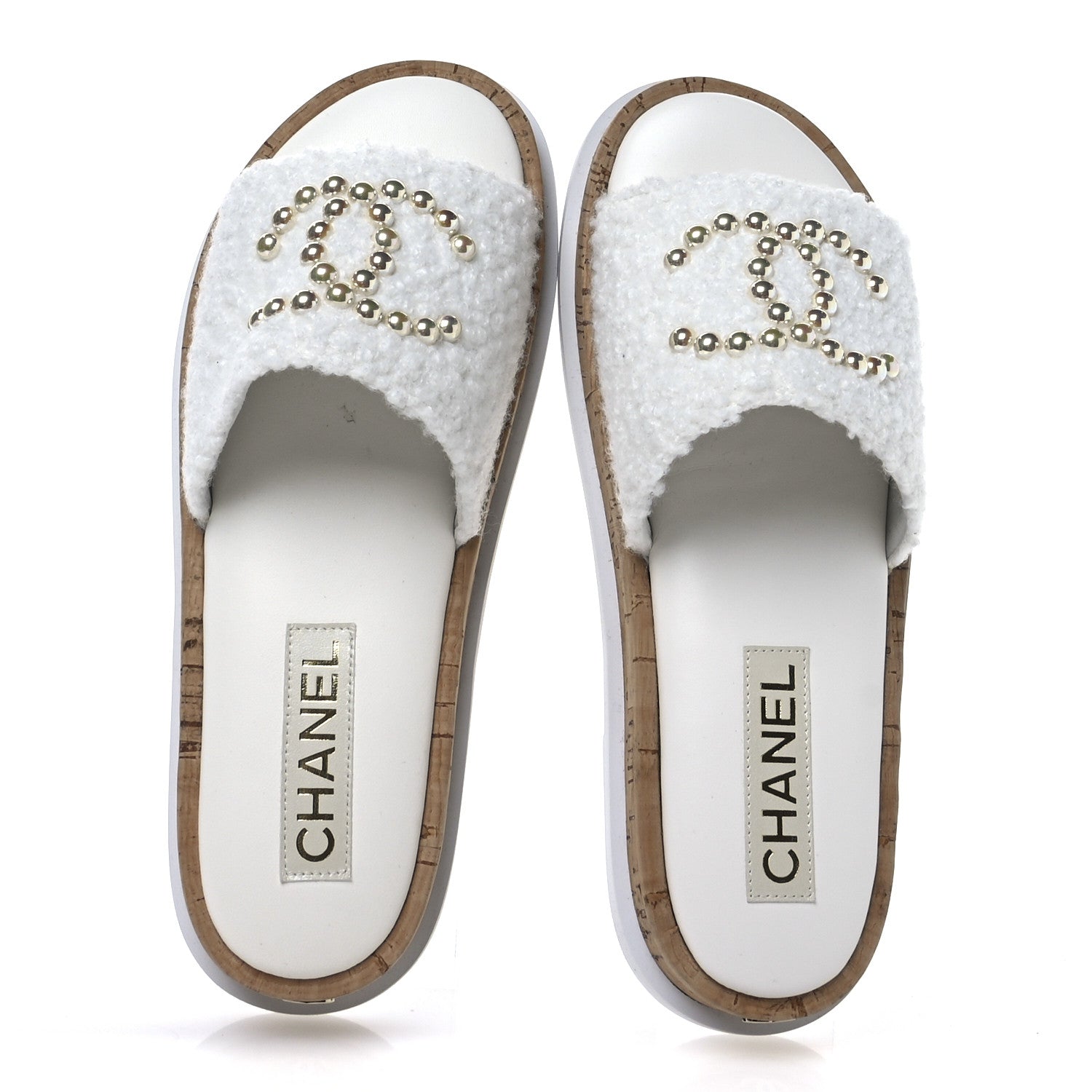 Chanel Fabric Pearl Cork CC Slip On Sandals 38 White 2 of 8