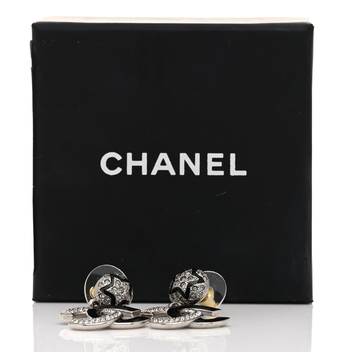 Chanel Crystal Enamel CC Star Drop Earrings Silver Black 5 of 5