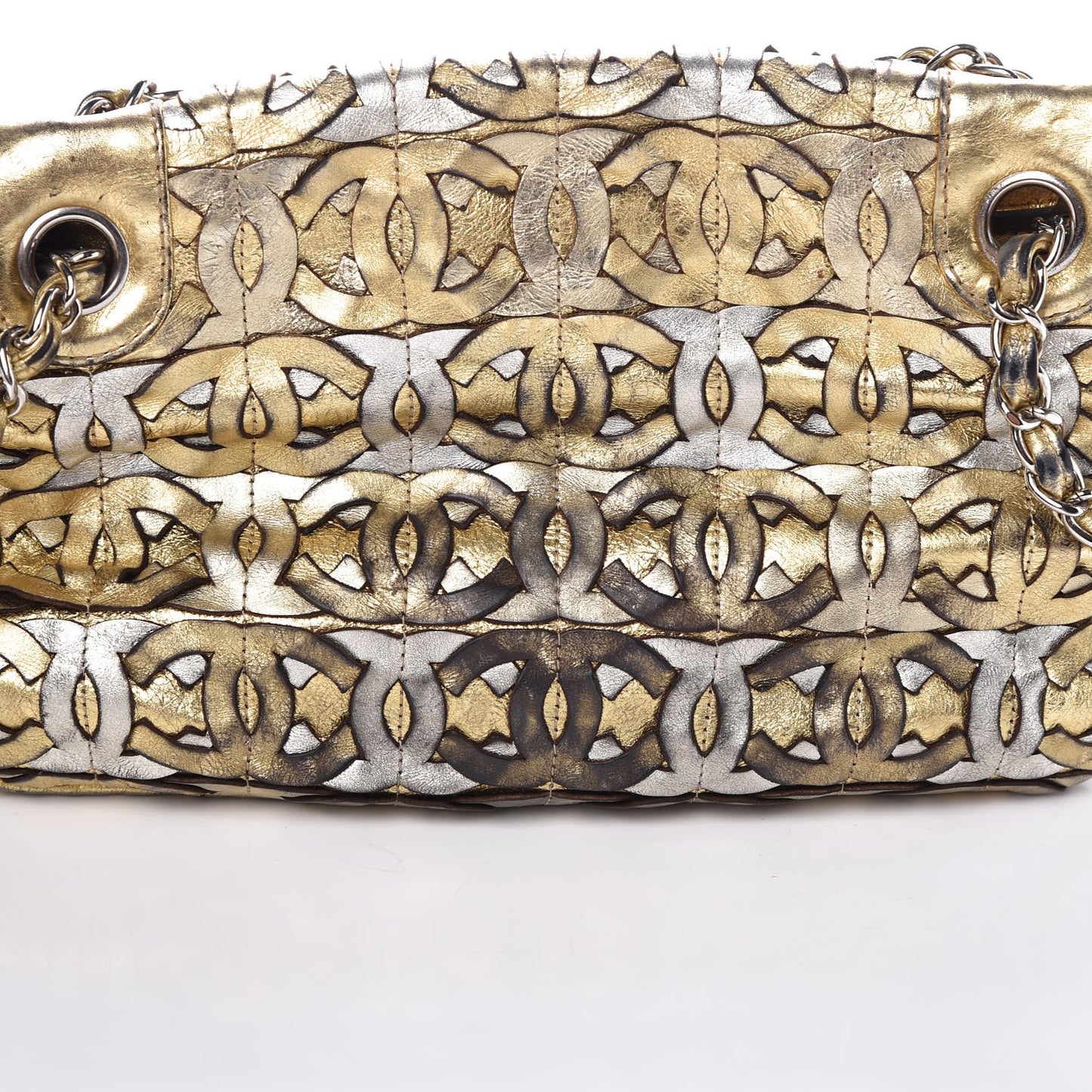 Metallic Crackled Calfskin Medium CC Mix Flap Gold Silver