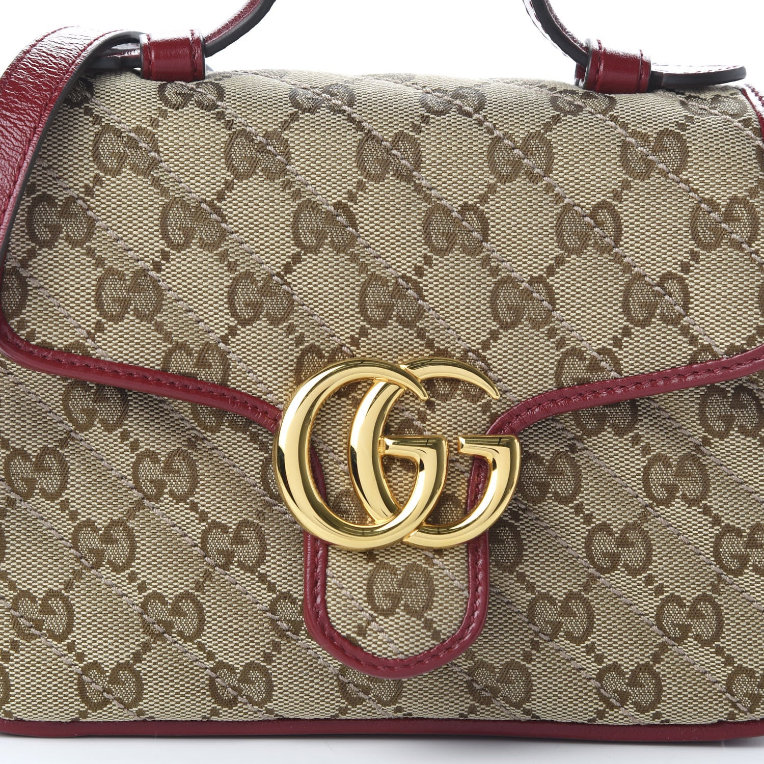 Gucci Monogram Glazed Calfskin Matelasse Diagonal Mini GG Marmont Top Handle Shoulder Bag Beige Ebony New Cherry Red 10 of 10