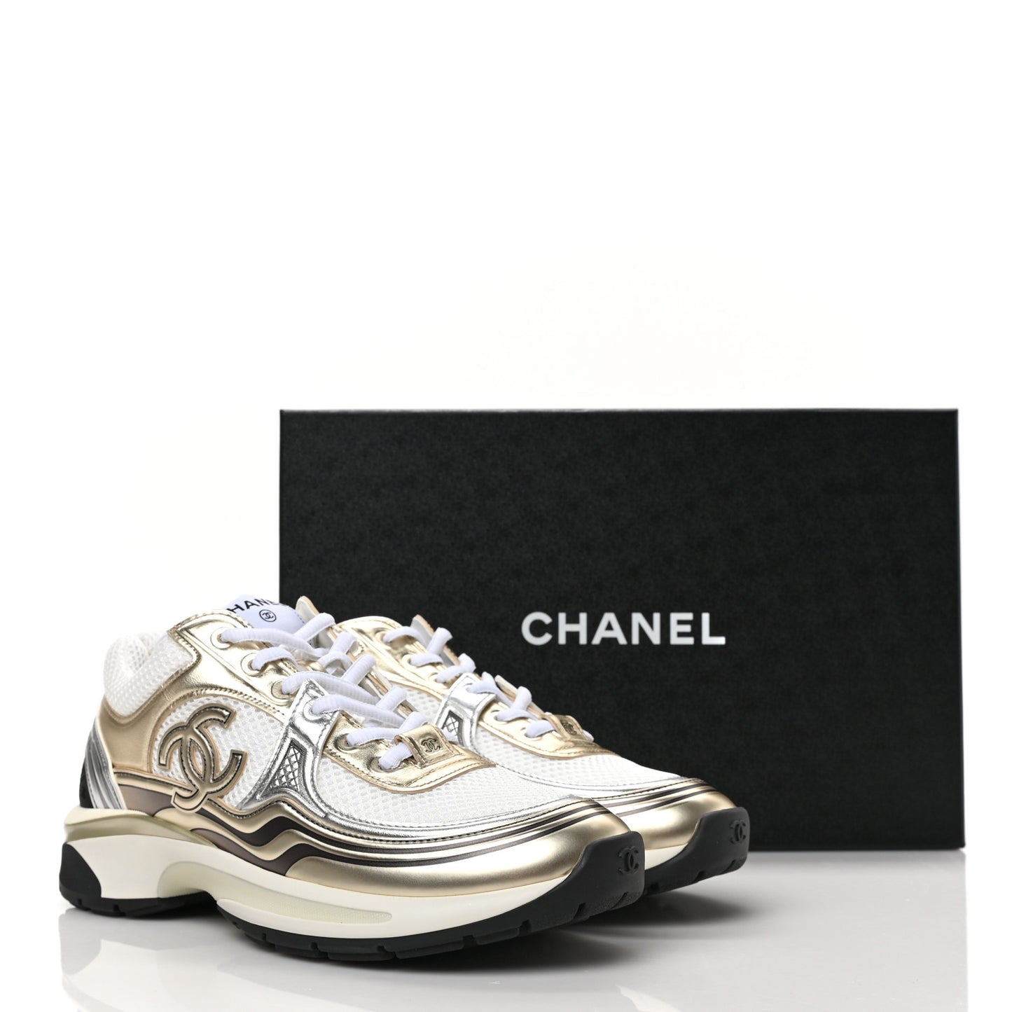 Fabric Laminated Calfskin Stretch CC Sneakers 39 White Gold Silver