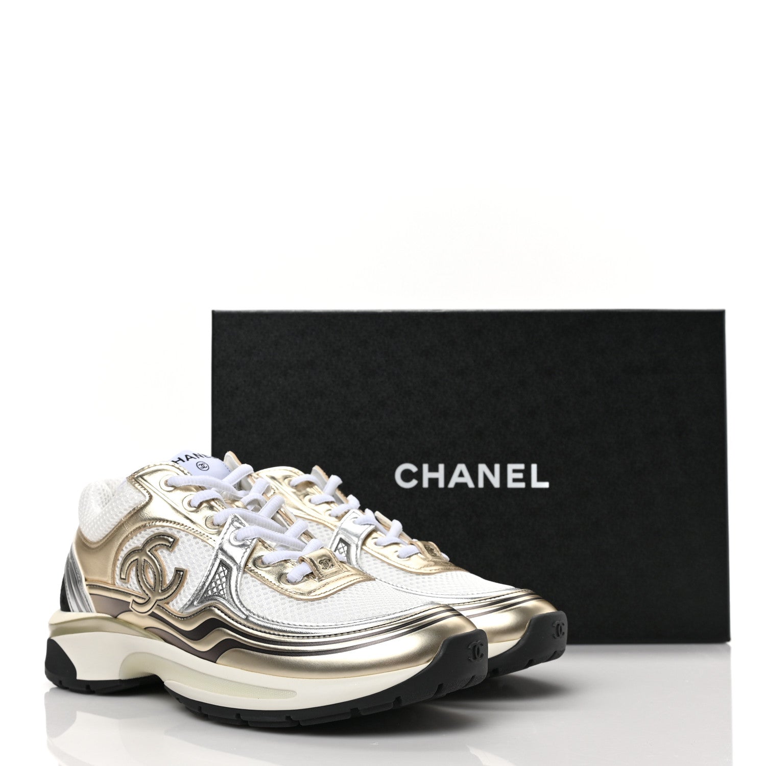 Chanel Fabric Laminated Calfskin Stretch CC Sneakers 39 White Gold Silver 7 of 7