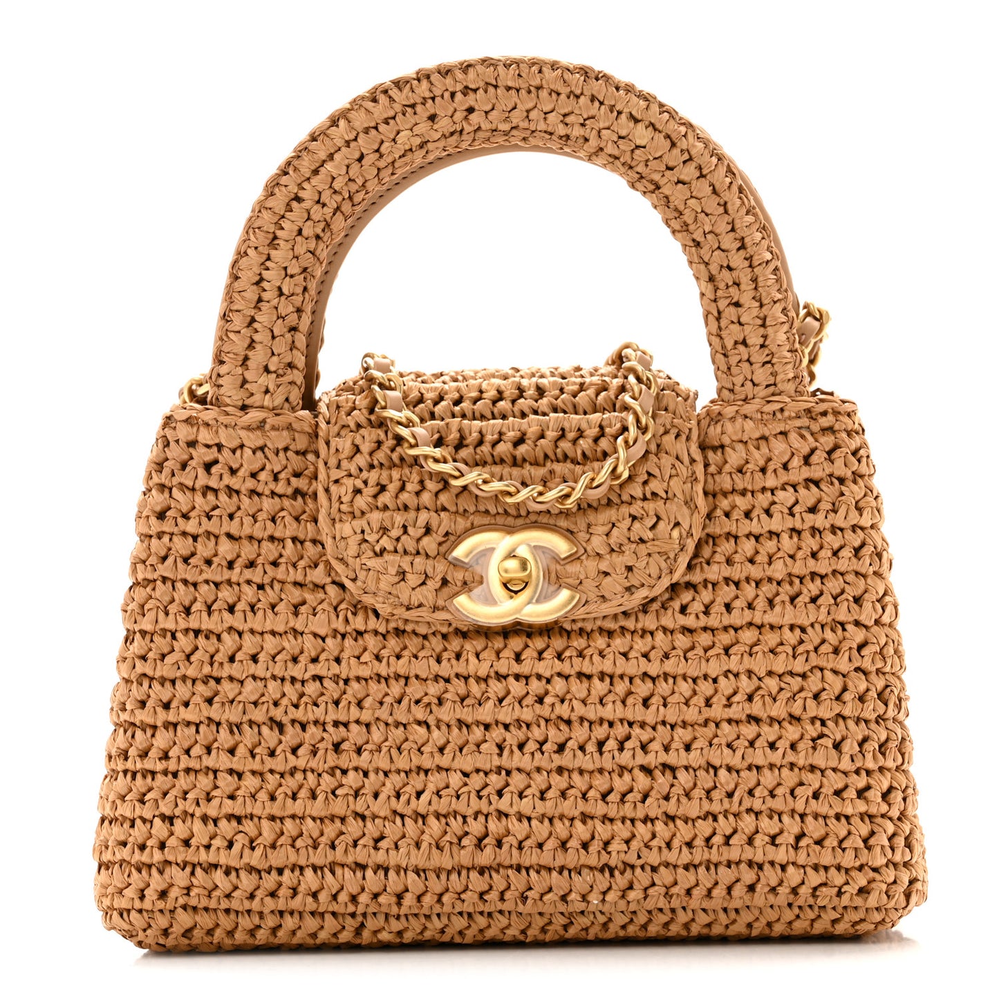Braided Raffia Nano Kelly Flap Bag Dark Beige
