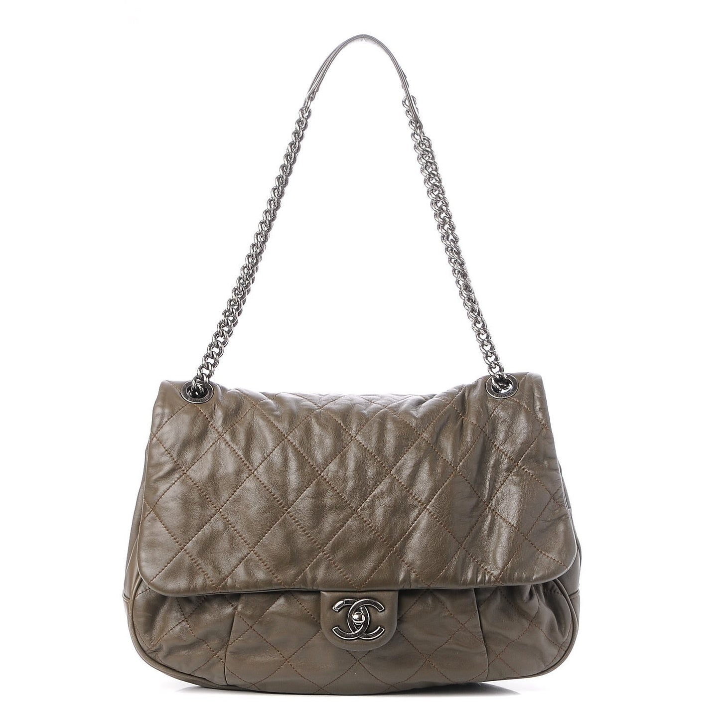 Calfskin Coco Pleats Messenger Flap Khaki