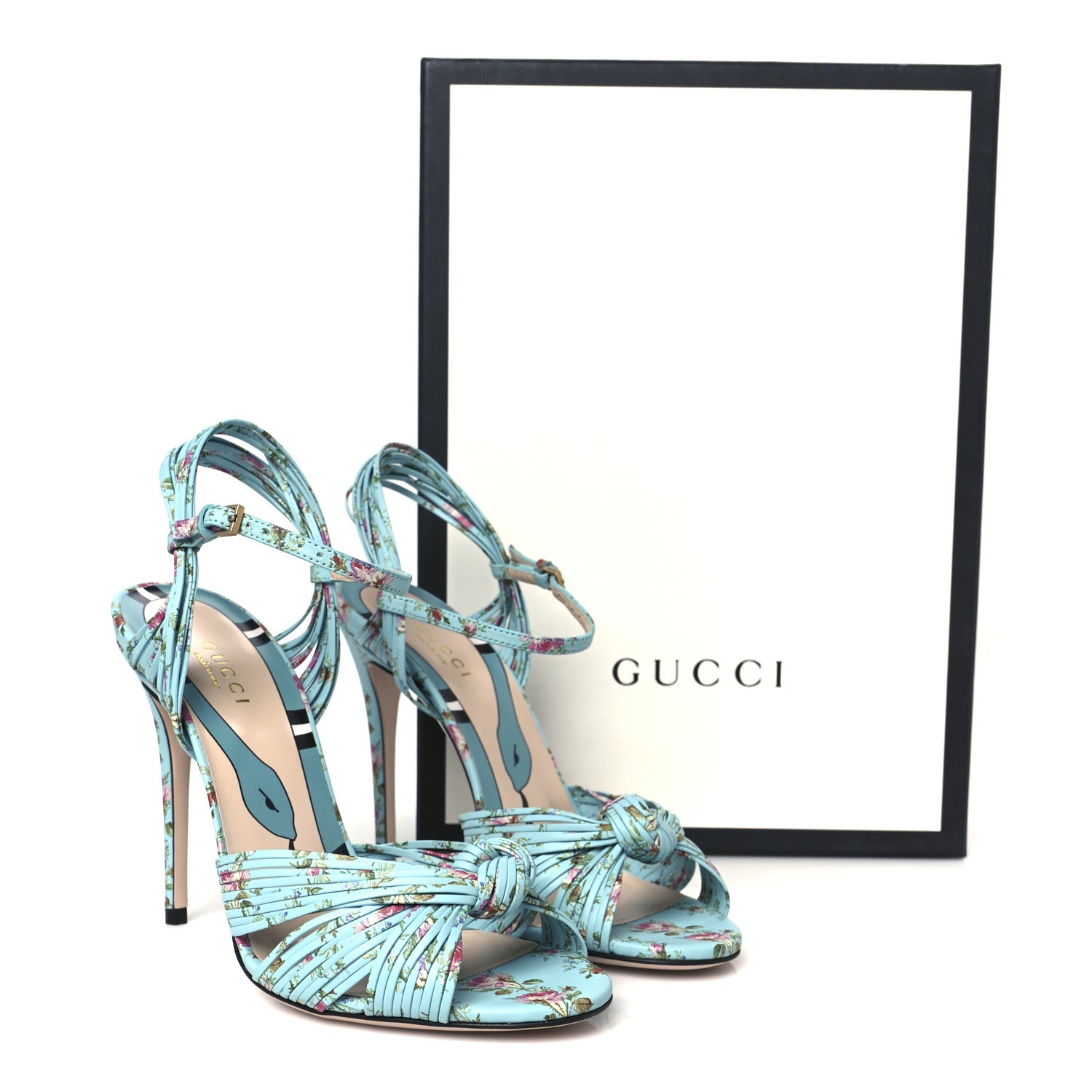 Gucci Malaga Kid Floral Print Knotted Allie Sandals 37 Aquamarine 9 of 9