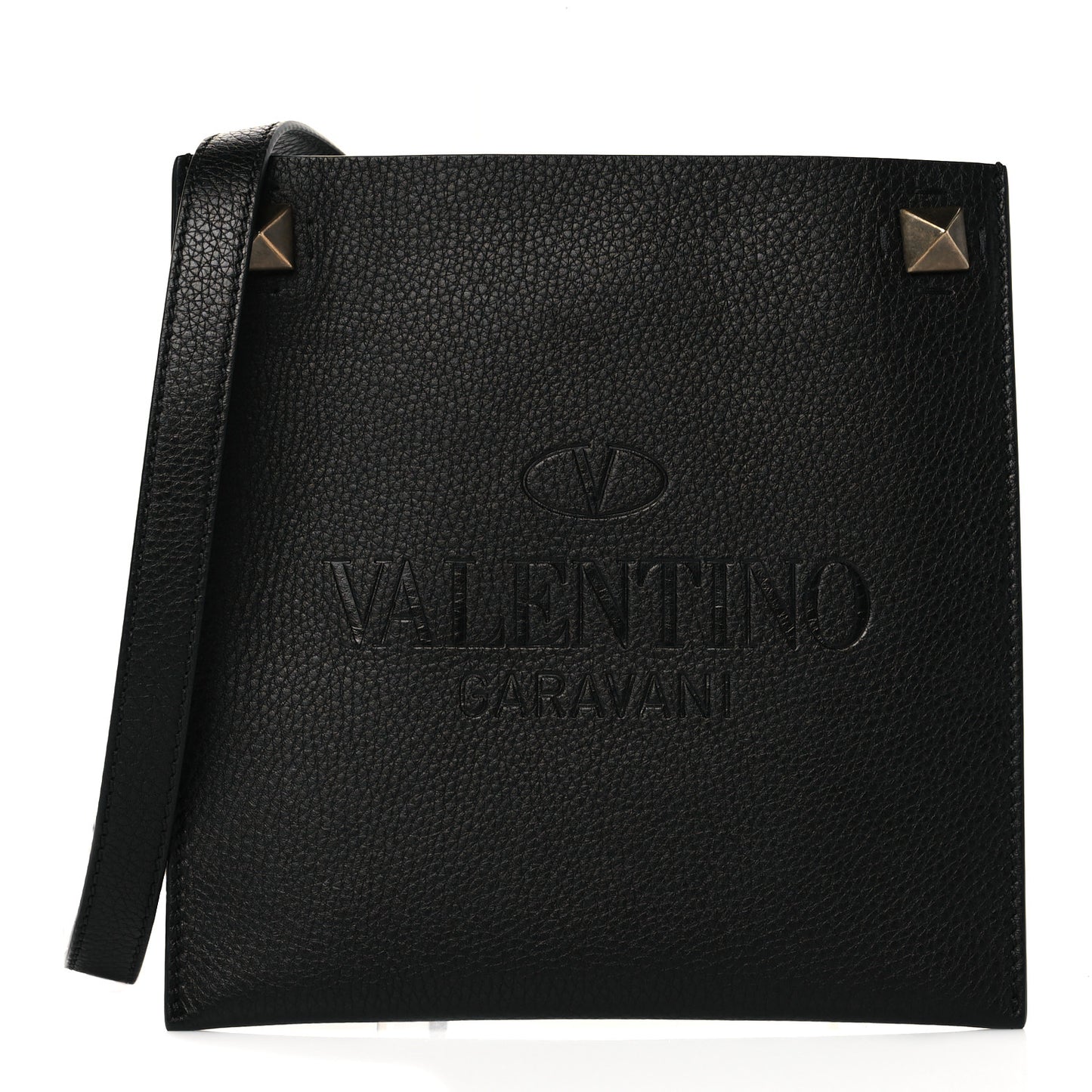 Pebbled Calfskin Roman Stud Logo Crossbody Pouch Black