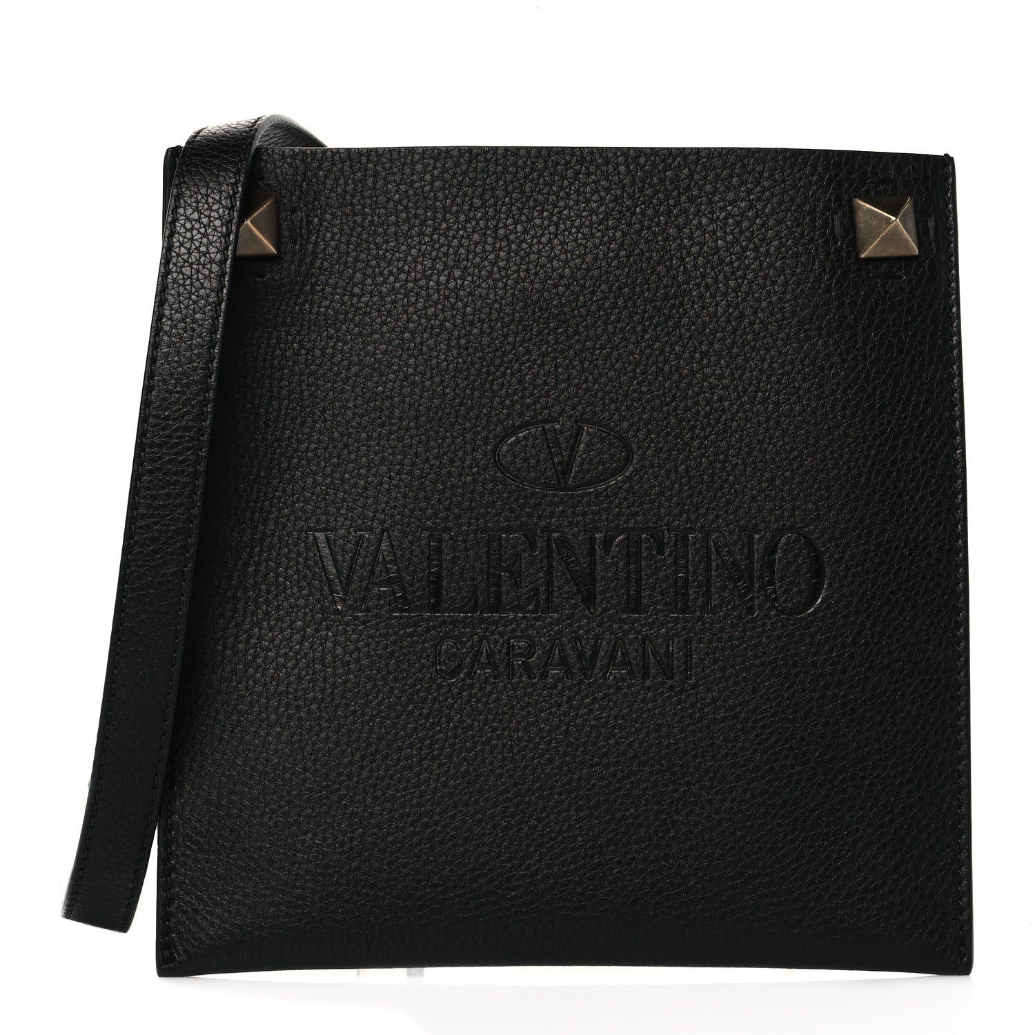 Valentino Garavani Pebbled Calfskin Roman Stud Logo Crossbody Pouch Black 1 of 9