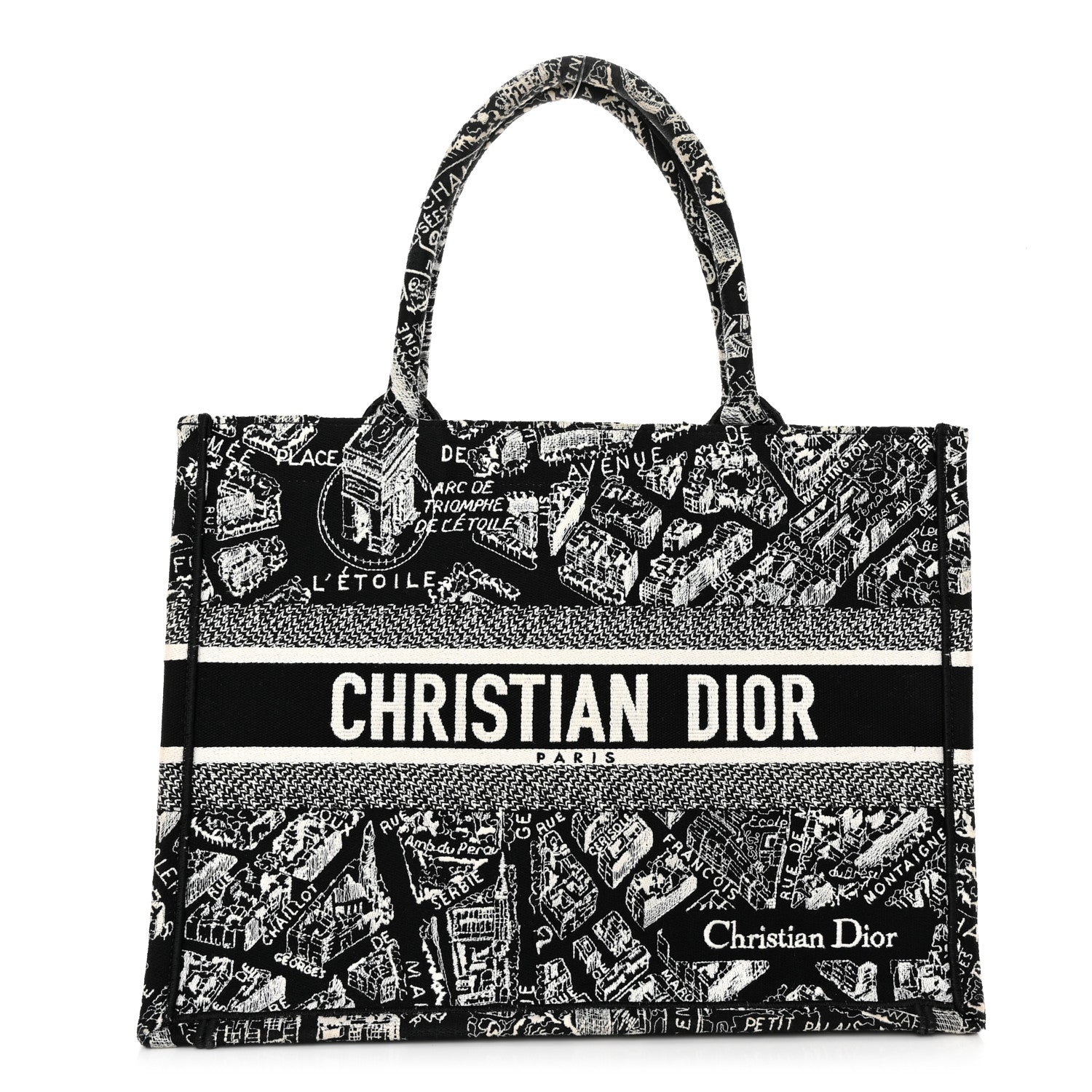 Christian Dior Canvas Embroidered Medium Plan De Paris Book Tote Black White 1 of 12