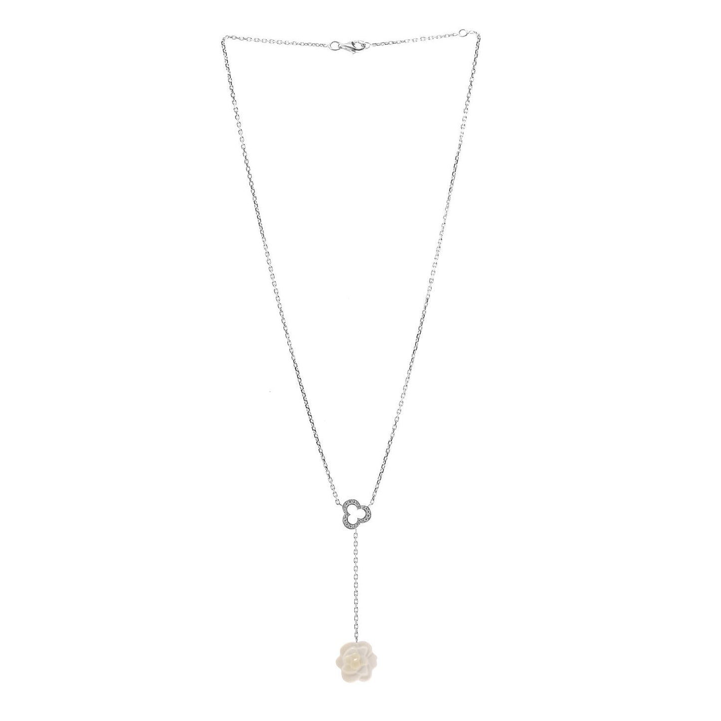 18K White Gold Diamond Agate Camelia Sculpte Pendant Necklace