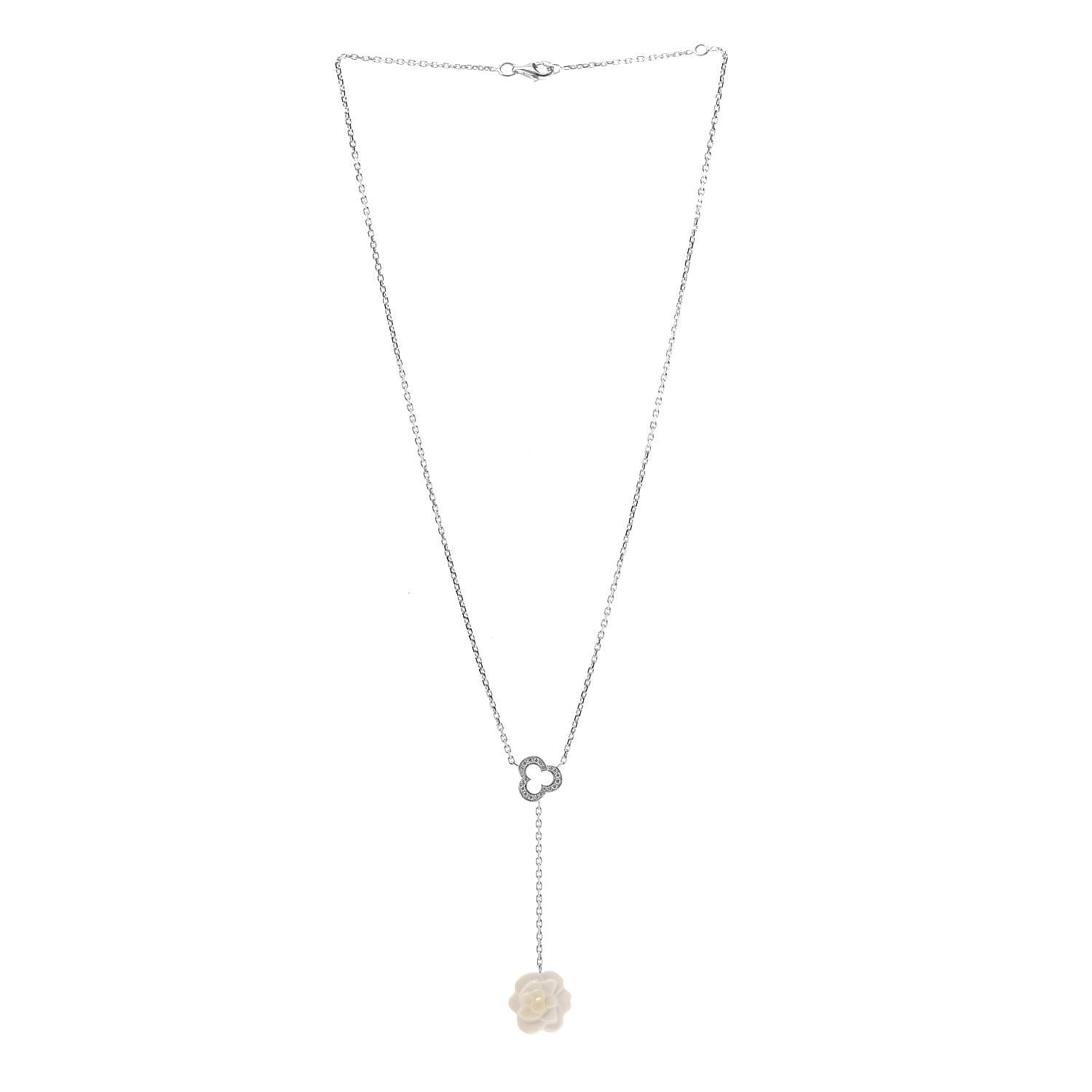 Chanel 18K White Gold Diamond Agate Camelia Sculpte Pendant Necklace 3 of 6