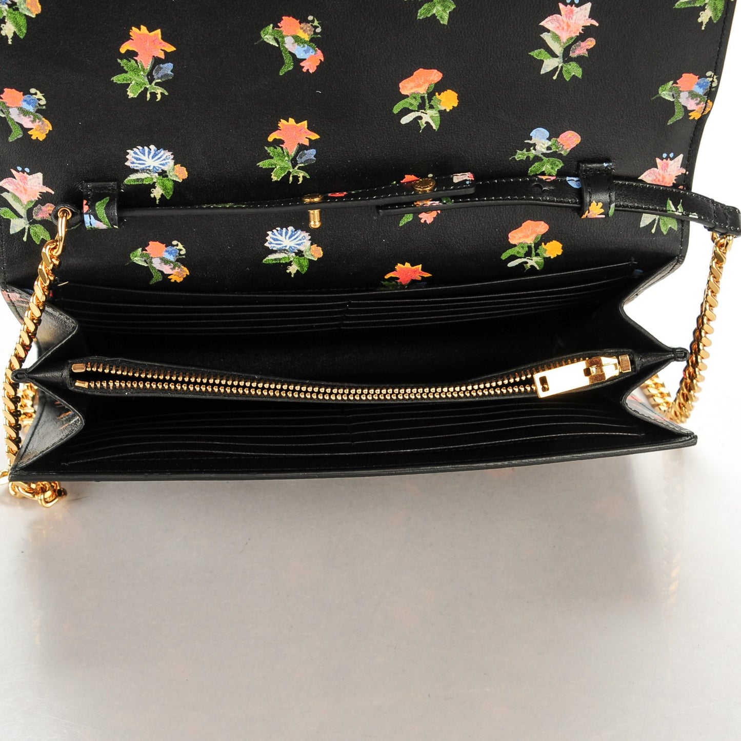 Calfskin Prairie Flower Printed Monogram Wallet On Chain Black Multicolor