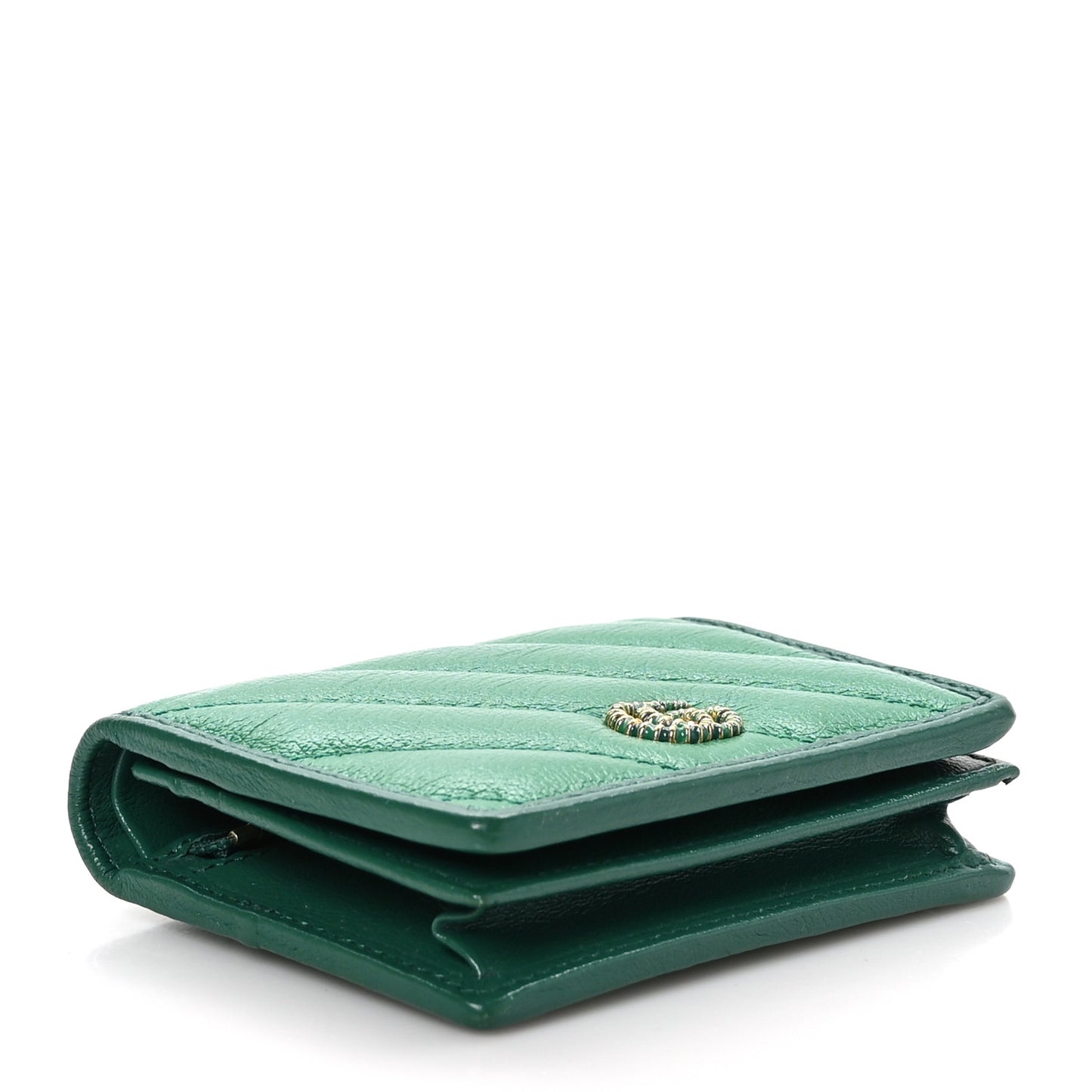 Azalea Calfskin Enamel Matelasse Diagonal Torchon GG Marmont Card Case New Shamrock Emerald