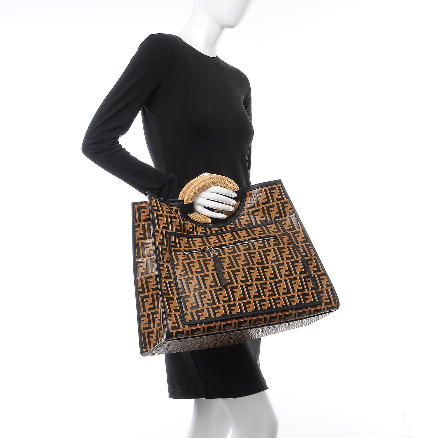 Vitello Century Wicker FF Embossed Large Runaway Shopper Tote Tobacco Black